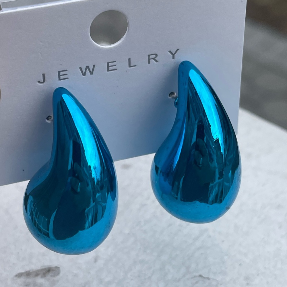 Metallic Blue Color Bottega style Hailey Bieber 30mm Dome Rain Drop Earrings